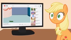 Size: 1680x945 | Tagged: safe, artist:forgalorga, character:applejack, behaving like a cat, computer, cucumber, cute, food, jackabetes, thousand yard stare, youtube