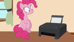 Size: 1920x1080 | Tagged: safe, artist:forgalorga, character:pinkie pie, species:earth pony, species:pony, animated, behaving like a cat, curtain window, desk, falling, fan animation, female, leaning back, looking at something, pinkie cat, printer, scared, solo, sound, surprised, webm, whoops, your little cat 3
