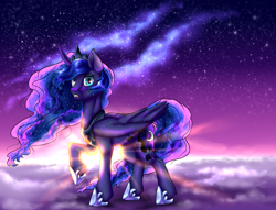 Size: 2500x1911 | Tagged: safe, artist:not-ordinary-pony, character:princess luna, species:alicorn, species:pony, crepuscular rays, curved horn, ethereal mane, female, galaxy, galaxy mane, horn, mare, sky, solo, twilight (astronomy)