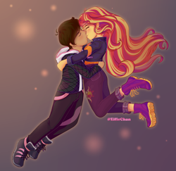 Size: 3800x3700 | Tagged: safe, artist:eifiechan, character:sunset shimmer, oc, my little pony:equestria girls, canon x oc, clothing, eyes closed, female, floating, kissing, male, shoes, straight