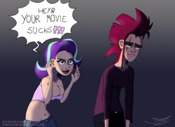 Size: 2114x1537 | Tagged: safe, artist:ringteam, character:starlight glimmer, character:tempest shadow, species:human, my little pony: the movie (2017), breasts, cleavage, dialogue, humanized, sad, speech bubble, you suck
