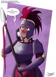 Size: 1537x2114 | Tagged: safe, artist:ringteam, character:tempest shadow, species:human, armor, blushing, call, cellphone, female, humanized, implied lesbian, implied sex, implied shipping, implied tempestlight, implied twilight sparkle, phone, royal guard, solo, spear, tempest becomes a royal guard, weapon