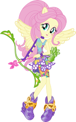 Size: 703x1137 | Tagged: safe, artist:sugar-loop, character:fluttershy, equestria girls:friendship games, g4, my little pony: equestria girls, my little pony:equestria girls, archery, arrow, bow (weapon), bow and arrow, box art, clothing, female, looking at you, ponied up, simple background, solo, sporty style, transparent background, vector, weapon, wings