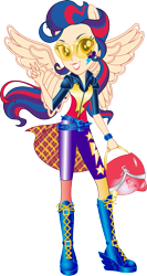 Size: 653x1223 | Tagged: safe, artist:sugar-loop, character:indigo zap, equestria girls:friendship games, g4, my little pony: equestria girls, my little pony:equestria girls, clothing, female, glasses, goggles, helmet, looking at you, motorcross, motorcross outfit, motorcycle helmet, peace sign, ponied up, simple background, solo, sporty style, transparent background, vector, wings
