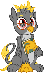 Size: 3000x4980 | Tagged: safe, artist:pirill, oc, oc only, oc:leonard jubinatt, species:griffon, 2020 community collab, derpibooru community collaboration, book, glasses, griffon oc, looking at you, male, show accurate, simple background, sitting, solo, transparent background, vector