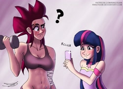 Size: 4096x2978 | Tagged: safe, artist:ringteam, character:tempest shadow, character:twilight sparkle, species:human, ship:tempestlight, belly button, blushing, breasts, busty tempest shadow, eyes on the prize, female, humanized, lesbian, photo, question mark, shipping, weight lifting