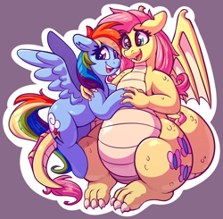 Size: 3300x3238 | Tagged: safe, artist:graphene, character:fluttershy, character:rainbow dash, species:dragon, cute, dashabetes, dragonified, duo, flutterdragon, shyabetes, species swap