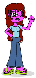 Size: 405x866 | Tagged: safe, artist:logan jones, oc, oc only, oc:lizzie punch, my little pony:equestria girls, belt, big feet, breasts, clothing, feet, flip-flops, freckles, glasses, jeans, lips, pants, red hair, shirt, simple background, small breasts, transparent background, waving