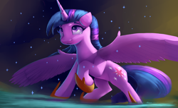 Size: 4400x2700 | Tagged: safe, artist:auroriia, character:twilight sparkle, character:twilight sparkle (alicorn), species:alicorn, species:pony, absurd resolution, cutie mark, female, mare, raised hoof, snow, solo, spread wings, wings