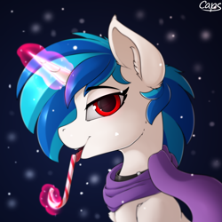Size: 2500x2500 | Tagged: safe, artist:capseys, character:dj pon-3, character:vinyl scratch, species:pony, species:unicorn, bust, candy, candy cane, cheek fluff, clothing, ear fluff, female, food, high res, licking, looking at you, magic, mare, portrait, scarf, solo, telekinesis, tongue out, wrong eye color