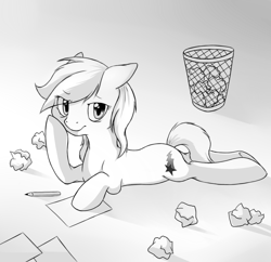 Size: 1297x1253 | Tagged: safe, artist:lightning-stars, oc, oc only, drawing, grayscale, monochrome, palindrome get, pencil, sketch, solo, trash can
