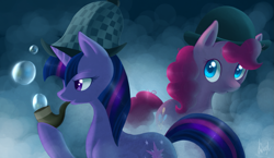 Size: 1147x667 | Tagged: safe, artist:lightning-stars, character:pinkie pie, character:twilight sparkle, character:twilight sparkle (unicorn), species:earth pony, species:pony, species:unicorn, episode:mmmystery on the friendship express, g4, my little pony: friendship is magic, bowler hat, bubble, bubble pipe, clothing, deerstalker, fog, hat, pipe, sherlock hat