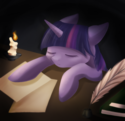 Size: 872x845 | Tagged: safe, artist:lightning-stars, character:twilight sparkle, asleep on the job, book, candle, female, inkwell, quill, sleeping, solo, tired