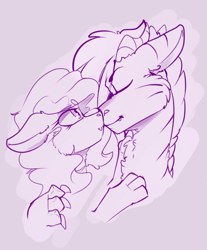 Size: 803x968 | Tagged: safe, artist:conmanwolf, oc, oc only, oc:crystal enigma, oc:scraps, species:bat pony, species:draconequus, species:pony, bat pony oc, claws, cropped, cute, draconequus oc, female, kissing, love, male, mare, mixed breed, paws, romantic