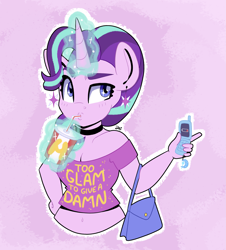 Size: 3621x4000 | Tagged: safe, artist:partylikeanartist, character:starlight glimmer, species:anthro, species:pony, species:unicorn, absurd resolution, belly button, blushing, choker, clothing, ear piercing, earring, eye clipping through hair, fast food, female, food, handbag, jewelry, looking away, mcdonald's, midriff, mobile, phone, piercing, pointing, sassy, short shirt, simple background, solo, stomach, straw, straw in mouth, the hayburger, thick eyebrows, wcdonald's