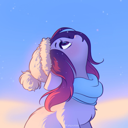 Size: 1654x1654 | Tagged: safe, artist:katputze, patreon reward, oc, oc only, oc:crimson sunset, species:earth pony, species:pony, chest fluff, clothing, commission, cute, female, fluffy, hat, looking up, mare, ocbetes, patreon, scarf, snow, snowfall, solo, winter