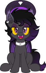 Size: 3000x4765 | Tagged: safe, artist:pirill, oc, oc only, oc:zenaris blackmour, species:bat pony, species:pony, 2020 community collab, derpibooru community collaboration, clothing, collar, dyed mane, dyed tail, ear piercing, eyeshadow, fangs, hat, makeup, male, open mouth, piercing, simple background, sitting, solo, stallion, transparent background, trap, vector