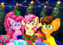 Size: 2533x1791 | Tagged: safe, artist:vanillaswirl6, character:cheese sandwich, character:li'l cheese, character:pinkie pie, species:earth pony, species:pony, ship:cheesepie, episode:the last problem, g4, my little pony: friendship is magic, christmas, christmas 2019, christmas lights, christmas tree, daughter, father, female, fluffy, holiday, jewelry, male, mother, pendant, pony present, present, ribbon, shipping, straight, tree
