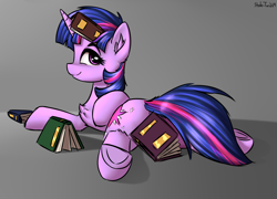Size: 2500x1800 | Tagged: safe, artist:shido-tara, character:twilight sparkle, species:pony, book, book on head, bookhorse, chest fluff, cute, female, leg fluff, lidded eyes, looking back, mare, profile, prone, solo, strategically covered, twiabetes