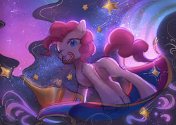 Size: 2600x1850 | Tagged: safe, artist:leafywind, character:pinkie pie, species:earth pony, species:pony, aladdin, colored pupils, crossover, cute, diapinkes, donut, female, flying, food, magic carpet, mare, missing cutie mark, mouth hold, night, oil lamp, one eye closed, sky, solo, starry night, stars