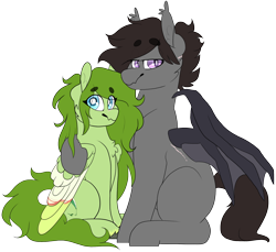 Size: 1796x1642 | Tagged: safe, artist:cold blight, artist:liefsong, oc, oc only, oc:lief, oc:windwalker, species:bat pony, species:pegasus, species:pony, 2020 community collab, derpibooru community collaboration, beanbrows, colored wings, couple, cute, eyebrows, floppy ears, hybrid, male, multicolored wings, scar, simple background, sitting, smiling, transparent background, wief, wings