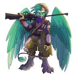 Size: 3000x3000 | Tagged: safe, artist:sourcherry, oc, species:anthro, species:griffon, fallout equestria, angry, armor, beret, bipedal, clothing, gun, hat, rifle, scar, scarf, sniper rifle, soldier, solo, standing, wasteland ventures, weapon, wings
