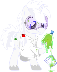 Size: 3000x3801 | Tagged: safe, artist:pirill, character:smooze, oc, oc only, oc:litmus paper, species:pony, species:unicorn, 2020 community collab, derpibooru community collaboration, beaker, clothing, cutie mark, goggles, hair tie, lab coat, male, safety goggles, simple background, solo, stallion, transparent background, vector