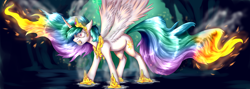 Size: 3368x1200 | Tagged: safe, artist:not-ordinary-pony, character:daybreaker, character:princess celestia, species:alicorn, species:pony, angry, burning, commission, featured on derpibooru, female, furious, fury, gritted teeth, jewelry, mane of fire, mane on fire, mare, melting, now you fucked up, ragelestia, regalia, run for your lives, sad, sin of wrath, solo, spread wings, tail of fire, this will end in daybreaker, this will end in death, this will end in tears, this will end in tears and/or death, wings, you dun goofed