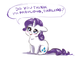 Size: 2400x1800 | Tagged: safe, artist:buttersprinkle, character:rarity, species:pony, species:unicorn, blushing, bronybait, cute, darling, dialogue, fabulous, female, floppy ears, mare, open mouth, question, raribetes, simple background, sitting, smiling, solo, speech bubble, text, tiny, tiny ponies, white background