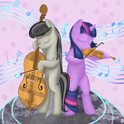 Size: 1000x1000 | Tagged: safe, artist:cheshiresdesires, character:octavia melody, character:twilight sparkle, species:pony, bipedal, duet, music, musical instrument