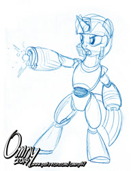 Size: 600x780 | Tagged: safe, artist:omny87, character:twilight sparkle, megaman, megaman (character), megamare, monochrome, sketch, traditional art