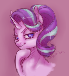 Size: 1320x1460 | Tagged: safe, artist:buttersprinkle, character:starlight glimmer, species:pony, species:unicorn, bust, female, looking at you, mare, no pupils, portrait, raised eyebrow, raised hoof, smug, smuglight glimmer, solo