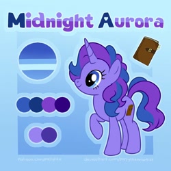 Size: 894x894 | Tagged: safe, artist:partylikeanartist, oc, oc only, oc:midnight aurora, species:pony, species:unicorn, female, reference sheet, solo