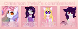 Size: 1280x481 | Tagged: safe, artist:xcinnamon-twistx, oc, oc:candy lace, oc:cinnamon twist, oc:deadie, species:alicorn, species:bat pony, species:pegasus, species:pony, advertisement, art, artist, bat pony alicorn, bell, bell collar, cat bell, chibi, clothing, collar, commission, commission info, eyes closed, heart eyes, hoodie, leash, looking at you, one-piece swimsuit, pet tag, price list, prices, swimsuit, wingding eyes