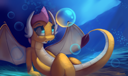 Size: 4554x2700 | Tagged: safe, artist:auroriia, character:smolder, species:dragon, bubble, dragon wings, female, horns, looking up, open mouth, scales, solo, tail, underwater, water, wings