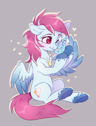 Size: 2289x3000 | Tagged: safe, artist:lightning-stars, oc, oc only, oc:eula phi, oc:evening skies, species:pegasus, species:pony, species:unicorn, eyes closed, female, heart, hoof hold, macro, mare, micro, one eye closed, size difference, solo