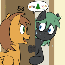 Size: 1000x1000 | Tagged: safe, artist:scraggleman, oc, oc only, oc:cipher, species:earth pony, species:pegasus, species:pony, chest fluff, christmas, christmas tree, dialogue, door, food, holiday, nervous, speech bubble, story included, sweat, tree