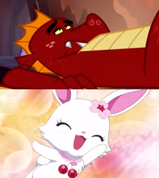 Size: 1012x1136 | Tagged: safe, artist:mega-poneo, edit, edited screencap, screencap, character:garble, species:dragon, species:rabbit, episode:gauntlet of fire, g4, my little pony: friendship is magic, animal, comic, crossover, eyes closed, female, happy, jewelpet, male, meme, ruby (jewelpet), sanrio, screencap comic, sega, waving