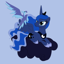 Size: 1200x1200 | Tagged: safe, artist:the-paper-pony, character:princess luna, species:alicorn, species:phoenix, species:pony, blue background, cloud, female, lying down, mare, night phoenix, pet, simple background, solo, spread wings, wings