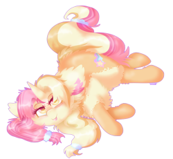 Size: 2300x2120 | Tagged: safe, artist:vanillaswirl6, oc, oc:sunrise, species:pony, species:unicorn, art trade, blep, female, fluffy, hair accessory, on side, simple background, tongue out, transparent background