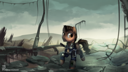 Size: 3840x2160 | Tagged: safe, artist:jedayskayvoker, oc, oc only, species:earth pony, species:pony, fallout equestria, clothing, high res, male, pipbuck, ruins, solo, walking, wasteland, ych result