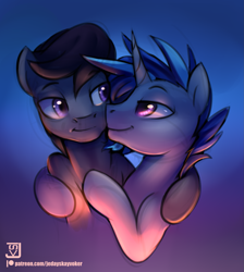 Size: 1791x2000 | Tagged: safe, artist:jedayskayvoker, character:dj pon-3, character:octavia melody, character:vinyl scratch, species:earth pony, species:pony, species:unicorn, ship:scratchtavia, abstract background, bedroom eyes, gay, hug, looking at each other, male, octavius, patreon, patreon logo, r63 shipping, record scrape, rule 63, scrapetavius, shipping, stallion