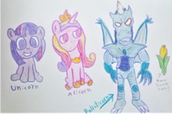 Size: 1177x780 | Tagged: safe, artist:dex stewart, character:princess cadance, character:twilight sparkle, species:alicorn, species:pony, species:unicorn, corn, crossover, food, mighty morphin power rangers, polluticorn, power rangers, traditional art, vegetables