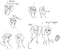 Size: 1852x1501 | Tagged: safe, artist:luciferamon, oc, oc only, oc:iuth, oc:kate, species:pony, species:unicorn, ..., backwards ballcap, baseball cap, black and white, cap, clothing, comic, dialogue, embarrassed, eyes closed, grayscale, hat, high five, lineart, monochrome, open mouth, simple background, sitting, smiling, underhoof, white background