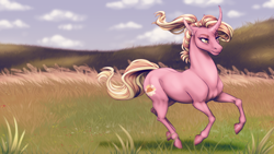 Size: 1920x1080 | Tagged: safe, artist:dementra369, character:luster dawn, species:pony, species:unicorn, episode:the last problem, g4, my little pony: friendship is magic, digital art, female, grass, hill, hoers, mare, prancing, realistic, solo