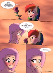 Size: 2978x4096 | Tagged: safe, artist:ringteam, character:fluttershy, character:rainbow dash, species:human, comic:a certain confession, ship:flutterdash, blushing, comic, dialogue, female, flower, humanized, lesbian, rose, shipping, speech bubble, this will end in tears, this will not end well