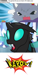 Size: 796x1561 | Tagged: safe, artist:mega-poneo, edit, edited screencap, screencap, character:thorax, species:changeling, episode:the times they are a changeling, g4, my little pony: friendship is magic, angry, anime, cat, comic, dialogue, dian, jewelpet, kapow, maine coon, male, mega poneo strikes again, mulan, oh crap, punch, sanrio, scared, screencap comic, sega, yao