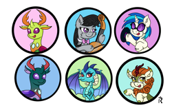 Size: 3000x1920 | Tagged: safe, artist:dawn-designs-art, character:autumn blaze, character:dj pon-3, character:octavia melody, character:pharynx, character:prince pharynx, character:princess ember, character:thorax, character:vinyl scratch, species:changeling, species:dragon, species:earth pony, species:kirin, species:pony, species:reformed changeling, species:unicorn, changedling brothers, cute, digital art