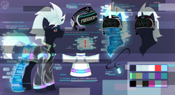 Size: 4560x2480 | Tagged: safe, artist:tigra0118, oc, oc only, species:pony, species:unicorn, adoptable, adoptable open, auction open, clothing, cyberpunk, ear piercing, earring, headset, helmet, jacket, jewelry, male, pendant, piercing, reference sheet, solo, stallion, virtual reality, vr headset