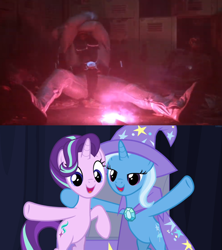 Size: 1280x1442 | Tagged: safe, artist:mega-poneo, edit, edited screencap, screencap, character:starlight glimmer, character:trixie, episode:to where and back again, g4, my little pony: friendship is magic, fireball, meme, the running man